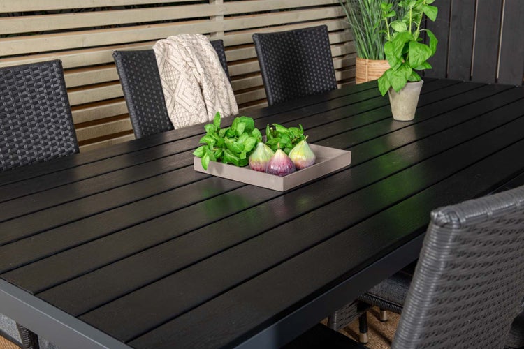 Break Gartenset Tisch 90x205cm schwarz, 6 Stühle Anna schwarz. 90 X 205 X 74 cm