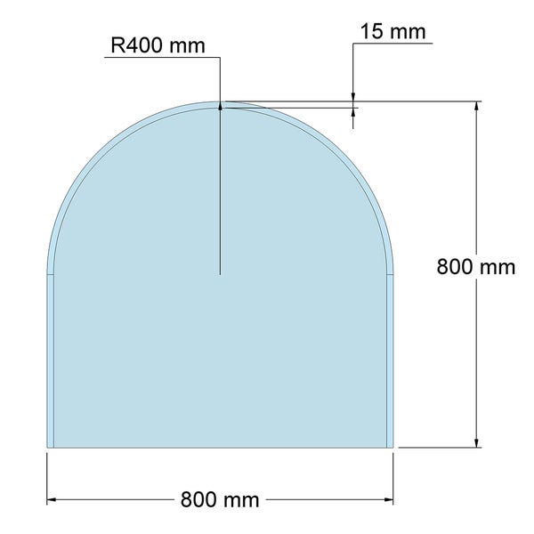 Technische Zeichnung einer Glasplatte mit Bogen: Breite 800 Millimeter, Höhe 800 Millimeter, Radius 400 Millimeter, Randabstand 15 Millimeter.