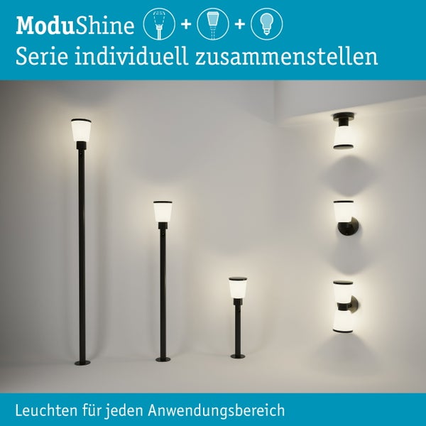 ModuShine Leuchtenserie mit individuell zusammenstellbaren Komponenten aus Steh- und Wandleuchten in verschiedenen Höhen.