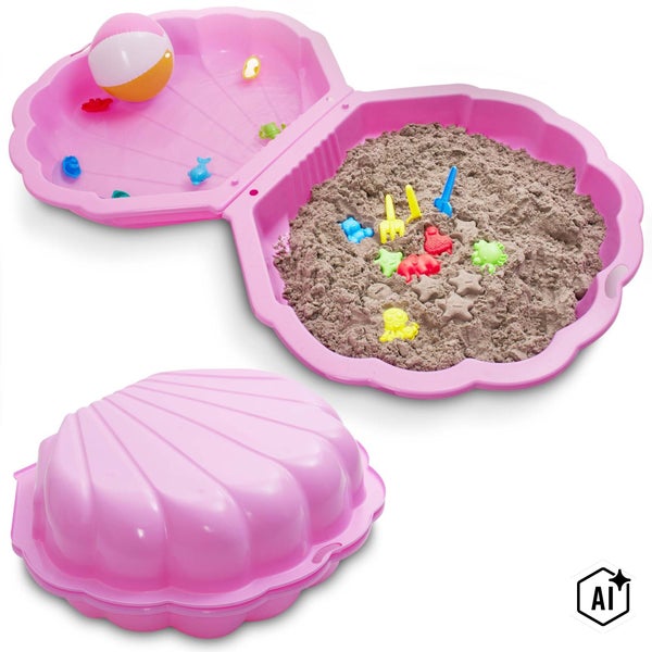 Sandmuschel aus Kunststoff, klappbarer Sandkasten für Kinder mit Spielzeug und Sandfüllung, in Muschelform.