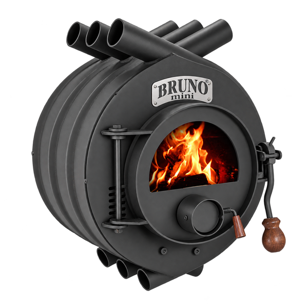 Bruno Mini Warmluftofen aus Stahl mit Sichtfenster und Holzgriff für effiziente Beheizung.