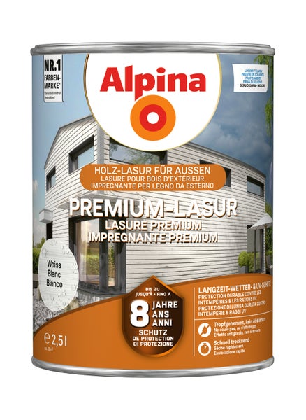 Alpina Premium Lasur für Außen in Weiß, 2,5 Liter Gebinde Holzlasur für langanhaltenden Wetter- und UV-Schutz von Holzoberflächen im Außenbereich.