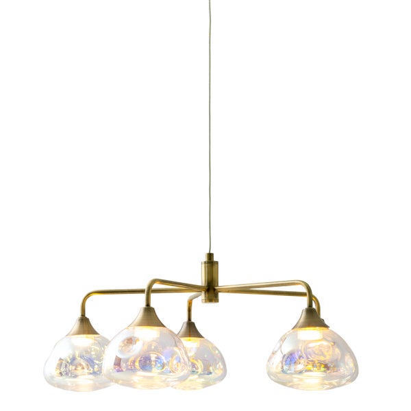 LED Pendelleuchte 5-flammig Varna, Pendellampe aus messingfarbenem Metall und irisierendem Glas, fest verbaute LEDs, 50 cm Durchmesser, stilvolle Beleuchtung für Wohnzimmer, Esszimmer oder Diele