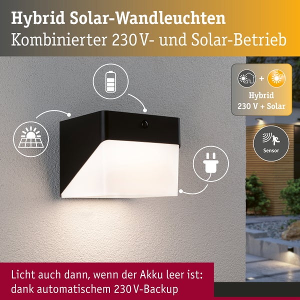 Hybrid Solar Wandleuchte mit 230 Volt Netzanschluss, integriertem Akku und Bewegungsmelder für die Außenbeleuchtung an einer Hauswand.