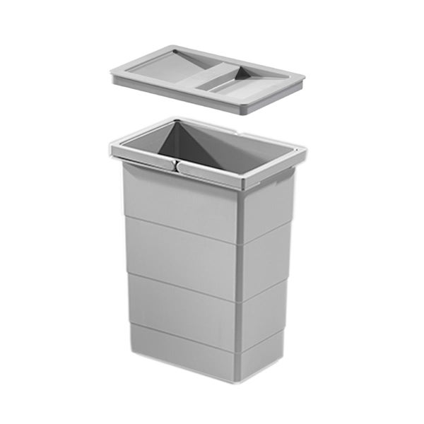 Rechteckiger Abfalleimer aus Kunststoff mit separatem Deckel und Tragegriff, grau.