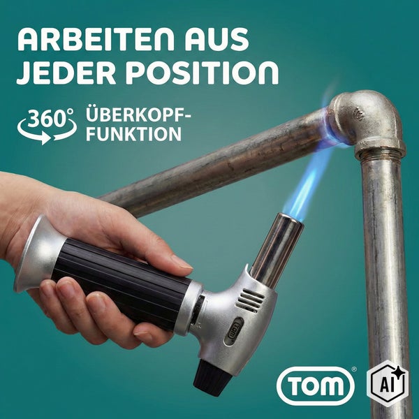 Handgeführter Gaslötbrenner mit 360 Grad Überkopffunktion zum Bearbeiten von Metallrohren, TOM Logo.