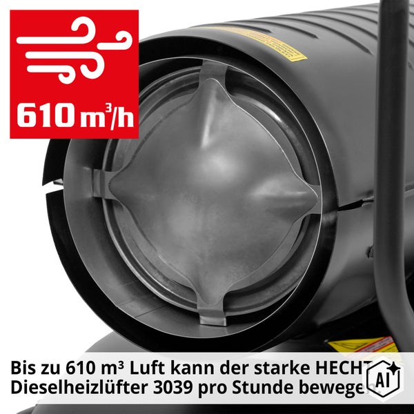 HECHT Dieselheizlüfter 3039 mit einer Luftumwälzung von 610 Kubikmetern pro Stunde für effizientes Heizen.