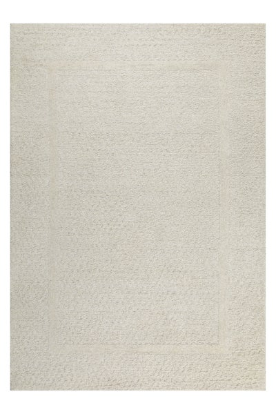 Rechteckiger Teppich mit strukturierter Oberfläche und schlichtem Rahmenmuster in Creme.