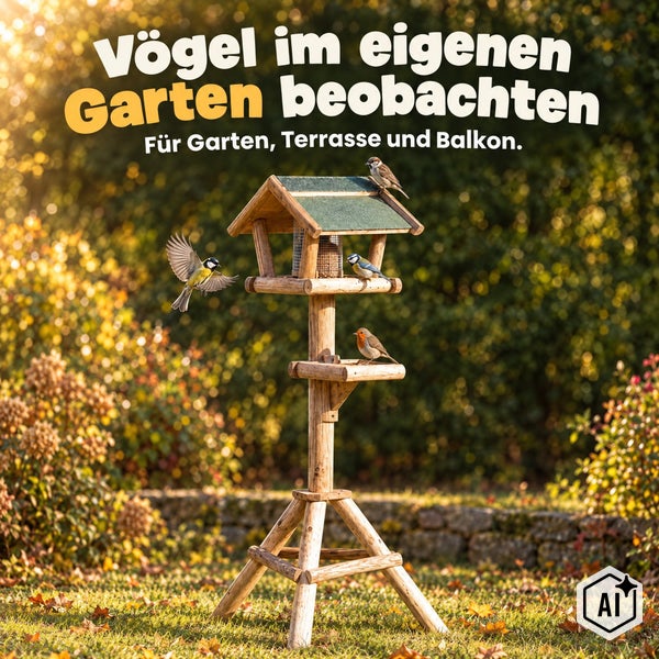 Holz Vogelfutterhaus auf Standfuß mit verschiedenen Vögeln im Garten zur Beobachtung von Wildvögeln auf Terrasse und Balkon.
