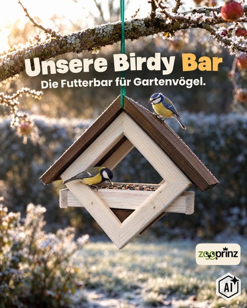 Holz Vogelfutterhaus zum Aufhängen für den Garten mit zwei Blaumeisen beim Fressen. Zooprinz Logo.