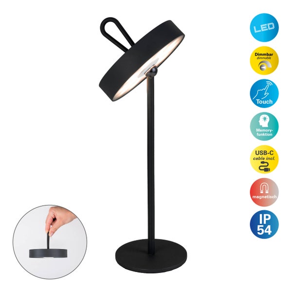 LED-Akku-Tischleuchte magnetisch ELLA für Außen und Innen, aus Metall und Kunststoff in Schwarz, 35 cm hoch