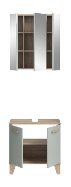 Badezimmermöbel Set bestehend aus Spiegelschrank mit drei Türen und Waschbeckenunterschrank mit zwei Türen.