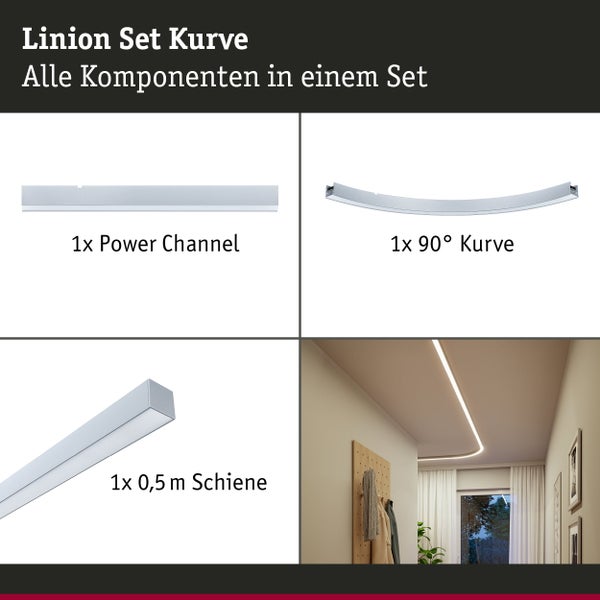 Linion Set Kurve bestehend aus Power Channel, 90 Grad Kurve und 0,5 Meter Schiene für ein modernes LED Schienensystem zur Deckenbeleuchtung.