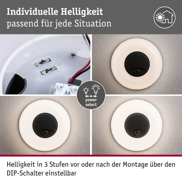 LED-Deckenleuchte mit in drei Stufen einstellbarer Helligkeit über einen DIP-Schalter.