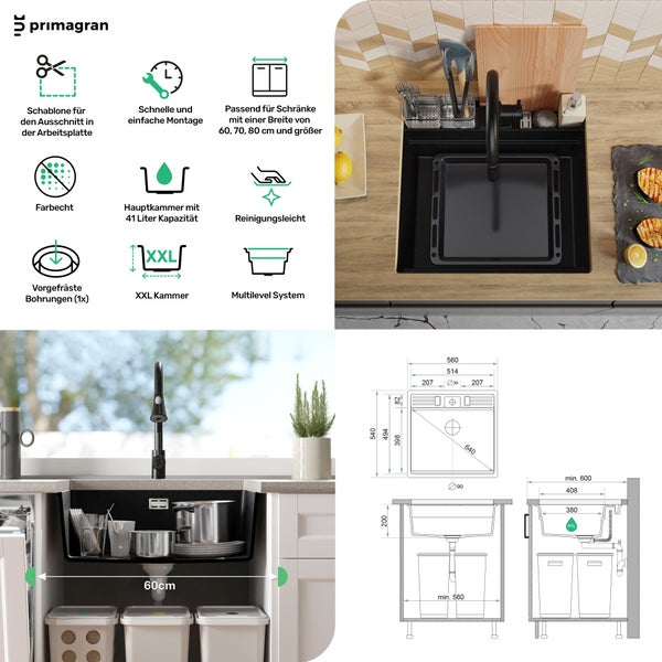 Primagran Küchenspüle mit Funktionen wie Schablone für den Arbeitsplattenausschnitt, schnelle und einfache Montage, passend für Schränke mit einer Breite von 60, 70, 80 Zentimetern und größer, farbecht, Hauptkammer mit 41 Liter Kapazität, reinigungsleicht, vorgefräste Bohrungen, XXL Kammer und Multilevel System.