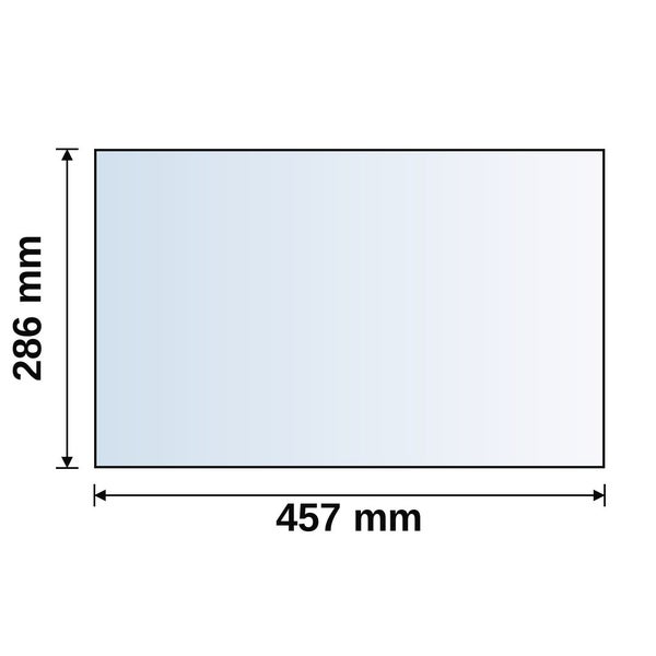 Abbildung einer rechteckigen Glasplatte mit den Maßen 286 Millimeter Höhe und 457 Millimeter Breite.