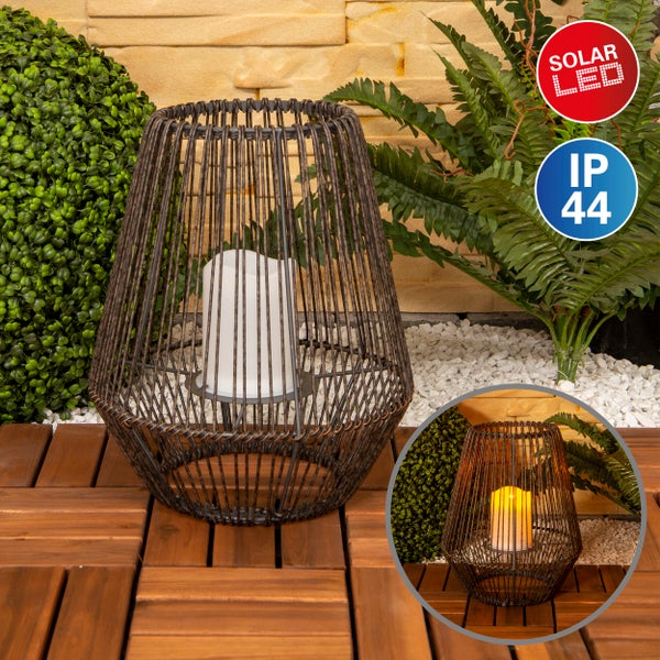 Dekorative Solarleuchte in Käfigoptik mit LED-Kerze und Schutzart IP44