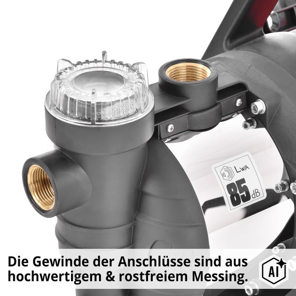 Gartenpumpe Detailansicht mit Messinganschlussgewinden und integriertem Filtergehäuse mit Schallleistungspegel Angabe von 85 Dezibel