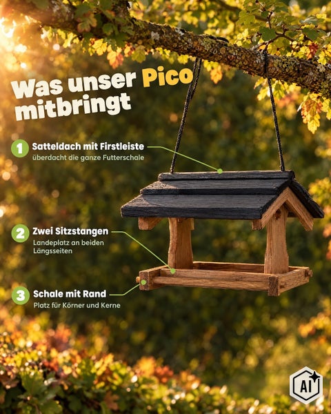 Holz Vogelfutterhaus Pico zum Aufhängen mit Satteldach und zwei Sitzstangen für Vögel im Garten.