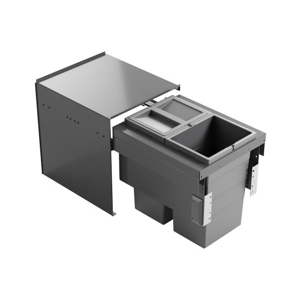 Ausziehbares Mülltrennsystem für Küchenunterschränke mit mehreren grauen Kunststoffbehältern und Metallgehäuse.