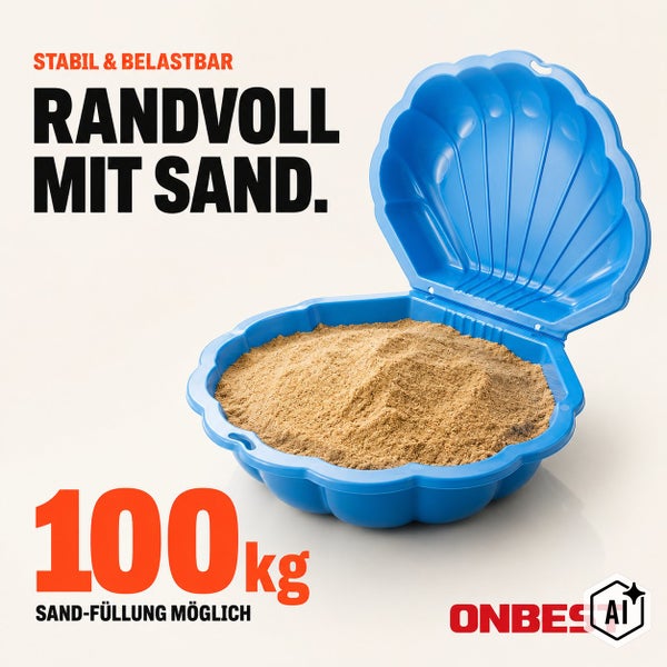 Muschelsandkasten aus Kunststoff mit Deckel und Sandfüllung Kapazität von 100 Kilogramm von der Marke Onbest.