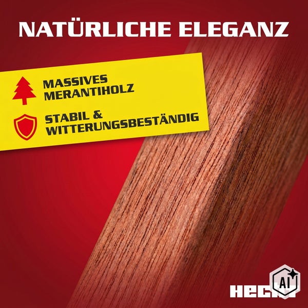 Detailansicht von massivem Merantiholz mit Hecht Logo, das stabil und witterungsbeständig ist.