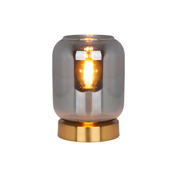 Tischleuchte mit Glasgehäuse und Metallfuß