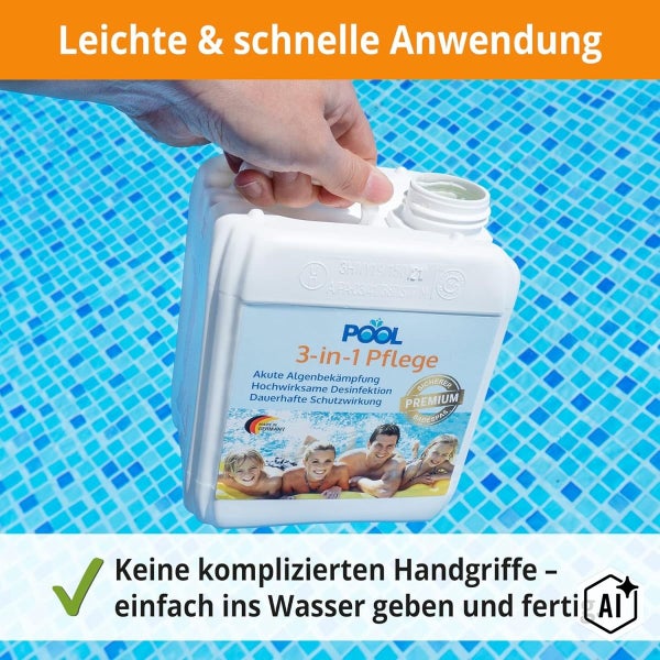 Ein Kanister mit 3-in-1 Poolpflege zur Algenbekämpfung und Desinfektion vor einem Schwimmbecken.