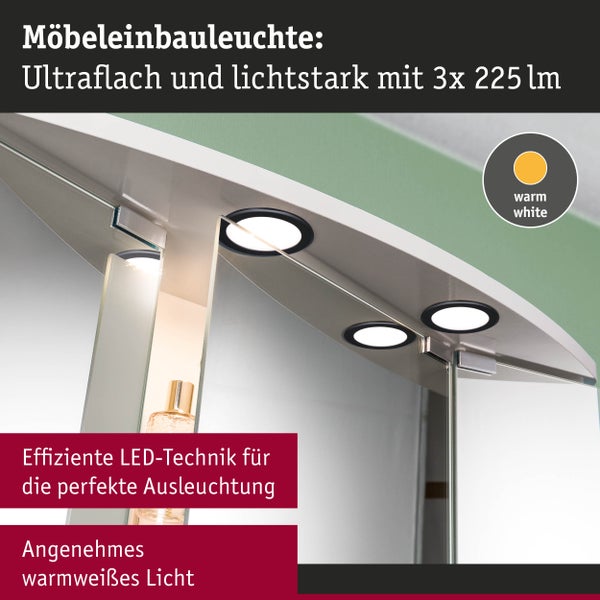 Technisches Datenblatt für Paulmann Einbauleuchten Set mit drei LED Modulen, Transformator und Maßskizzen inklusive Garantieinformationen.