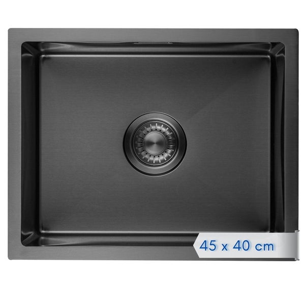 Rechteckiges Küchenspülbecken aus Edelstahl mit Ablauf, Maße 45 x 40 Zentimeter.