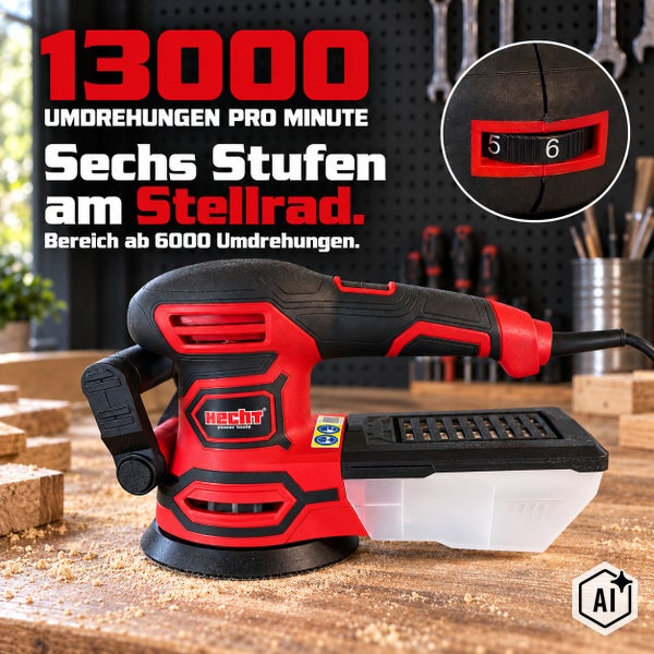 Hecht Exzenterschleifer mit Staubfangbehälter und Zusatzgriff bei der Holzbearbeitung auf einer Werkbank.