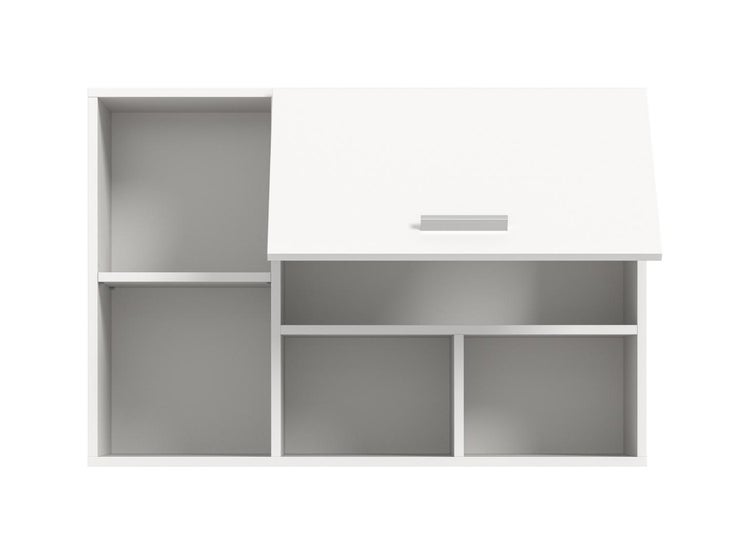 Weißer Hängeschrank mit mehreren Fächern und einer Klapptür mit Metallgriff.