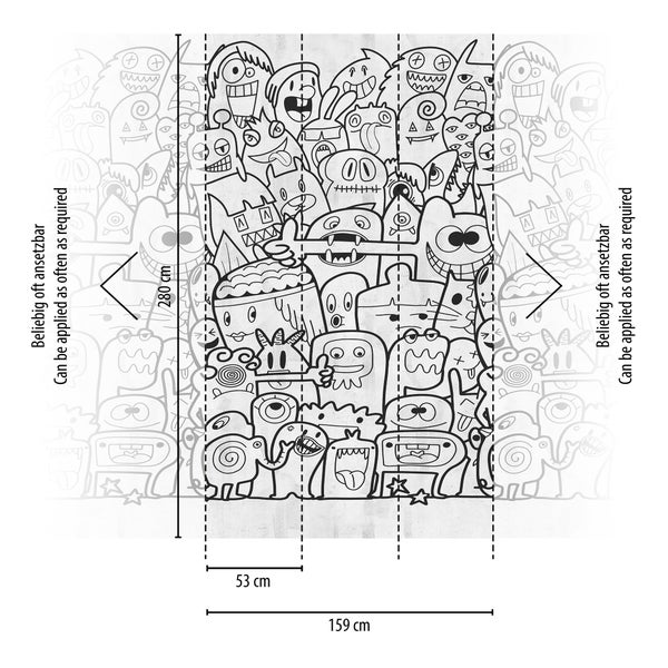 Vliestapete mit schwarz-weißen Monster-Doodles, Höhe 280 Zentimeter, Breite 159 Zentimeter, in Bahnen von 53 Zentimeter, beliebig oft ansetzbar.