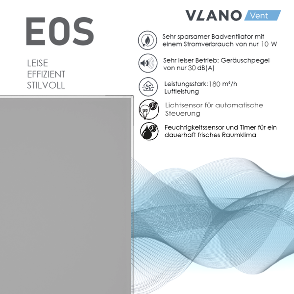 Vlano Vent Logo. EOS Badventilator: 10 Watt, 30 Dezibel, 180 Kubikmeter pro Stunde Luftleistung, Lichtsensor, Feuchtigkeitssensor und Timer.