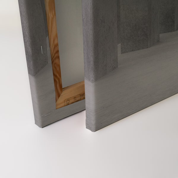 Rückseite eines auf einen Holzrahmen gespannten Wandbildes mit Betonoptik