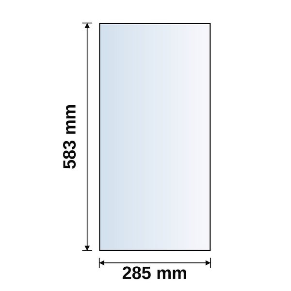Rechteckige Scheibe mit einer Höhe von 583 Millimetern und einer Breite von 285 Millimetern.