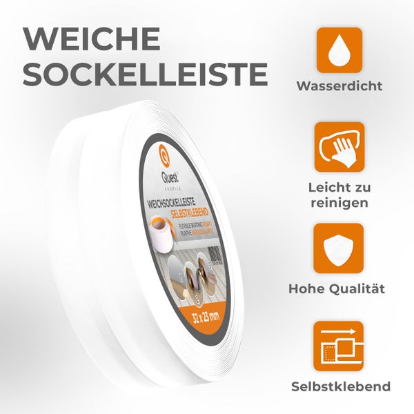 Quest Weichsockelleiste Selbstklebend 32 x 23 mm, PVC Sockelleiste, Flexibel, Weiß, 5 Meter