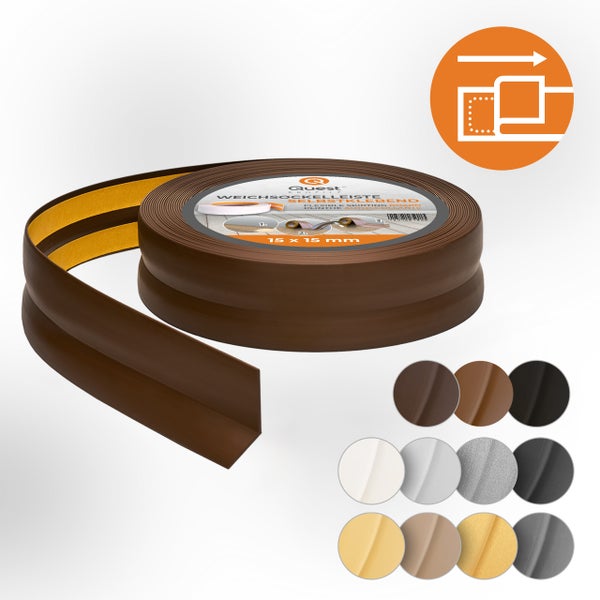 Quest Weichsockelleiste Selbstklebend 15 x 15 mm, PVC, Flexibel, Dunkelbraun, 5 Meter