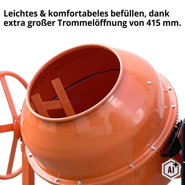 Betonmischer Trommel mit einer Öffnung von 415 Millimetern für einfaches Befüllen.