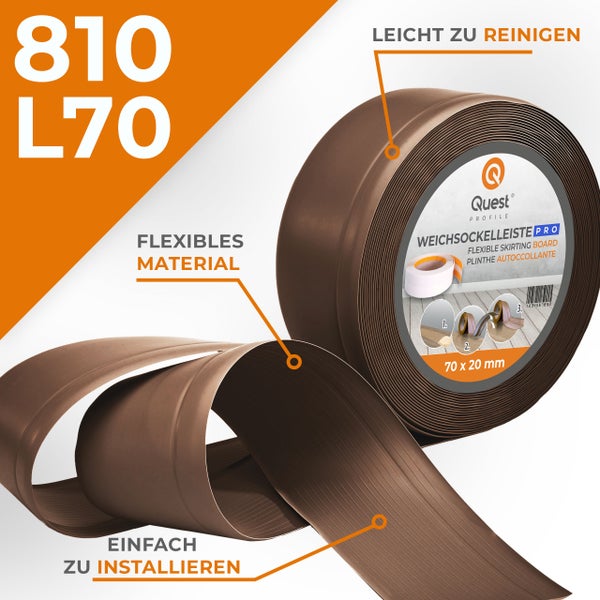 Rolle aus flexibler Weichsockelleiste für Bodenbeläge mit einer Größe von 70 mal 20 Millimeter inklusive Montageanleitung von Quest Profile