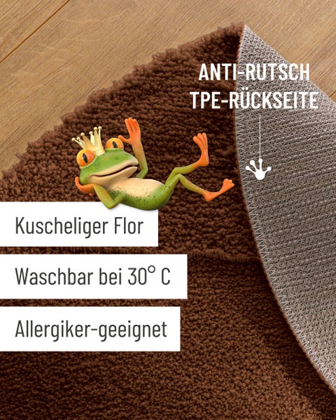 Badematte mit weichem Flor, rutschfester TPE-Rückseite, waschbar bei 30 Grad Celsius und für Allergiker geeignet.