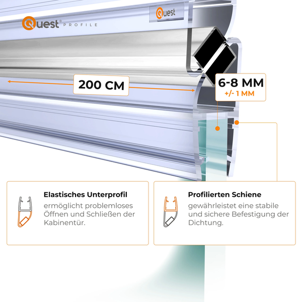 Quest Profile Duschdichtung, Länge 200 Zentimeter, für 6 bis 8 Millimeter Glasstärke, mit elastischem Unterprofil und profilierter Schiene.