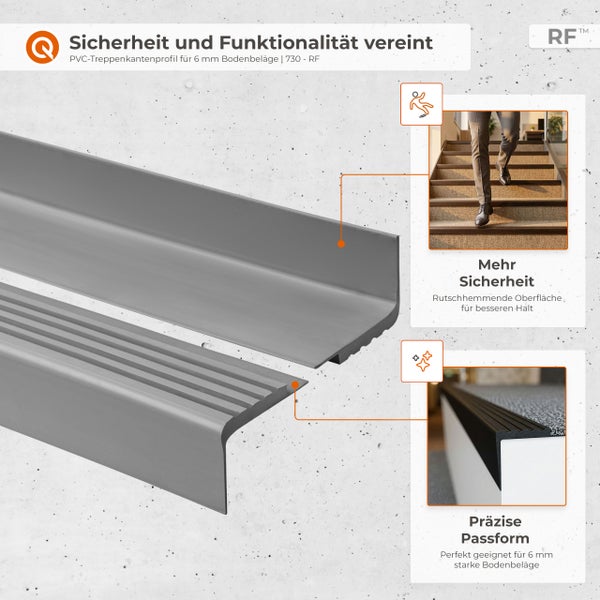 PVC-Treppenkantenprofil für 6 Millimeter Bodenbeläge mit rutschhemmender Oberfläche für Sicherheit und präziser Passform. Q Logo und RF Logo.