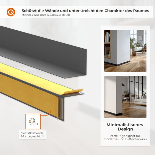 Minimalistische starre Sockelleiste mit selbstklebender Rückseite für einfache Montage zur Wandgestaltung in modernen Wohnräumen.