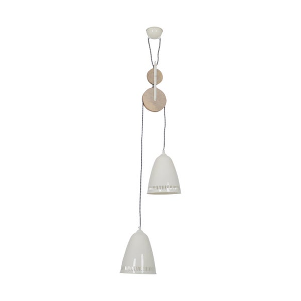 Pendelleuchte mit zwei Schirmen und Holzdetails