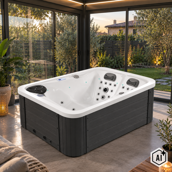 Rechteckiger Whirlpool mit Massagedüsen und Kopfstützen in einem modernen Wintergarten mit Blick in den Garten bei Sonnenuntergang.