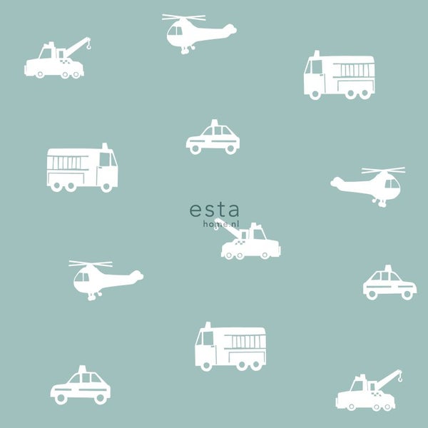 ESTAhome Tapete Autos, Löschfahrzeuge, Hubschrauber und Kräne Graublau - 53 cm x 10.05 m - 128864