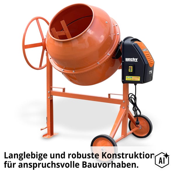 Hecht Betonmischer mit elektrischem Antrieb auf einem stabilen Stahlgestell mit Fahrwerk für den Baustelleneinsatz.