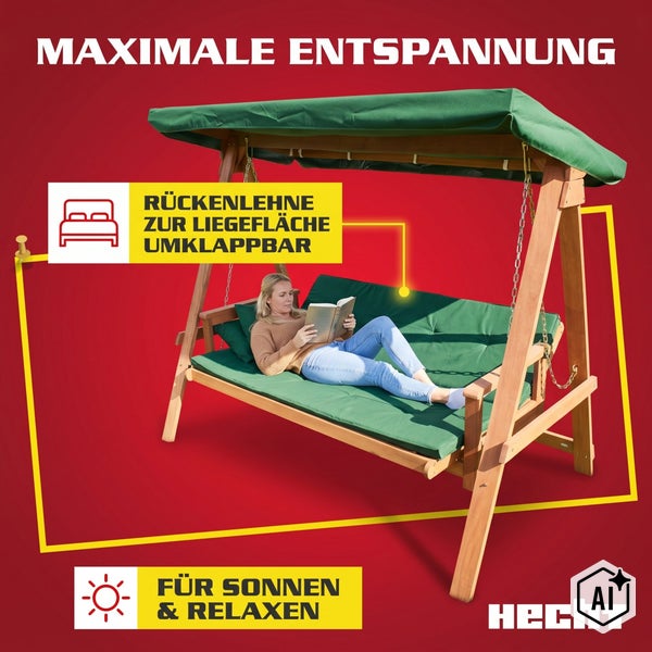 Holz Hollywoodschaukel mit umklappbarer Rückenlehne zur Liegefläche und Sonnendach, eine Frau liegt darauf und liest, Hecht Logo.