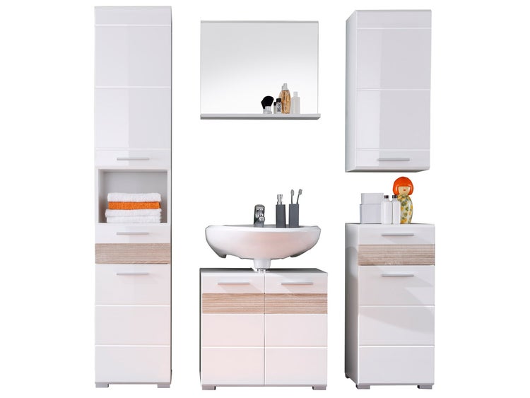 Modernes Badezimmermöbel-Set in Weiß mit Holzakzenten, bestehend aus Hochschrank, Spiegel, Waschbecken, Unterschrank und Beischränken.